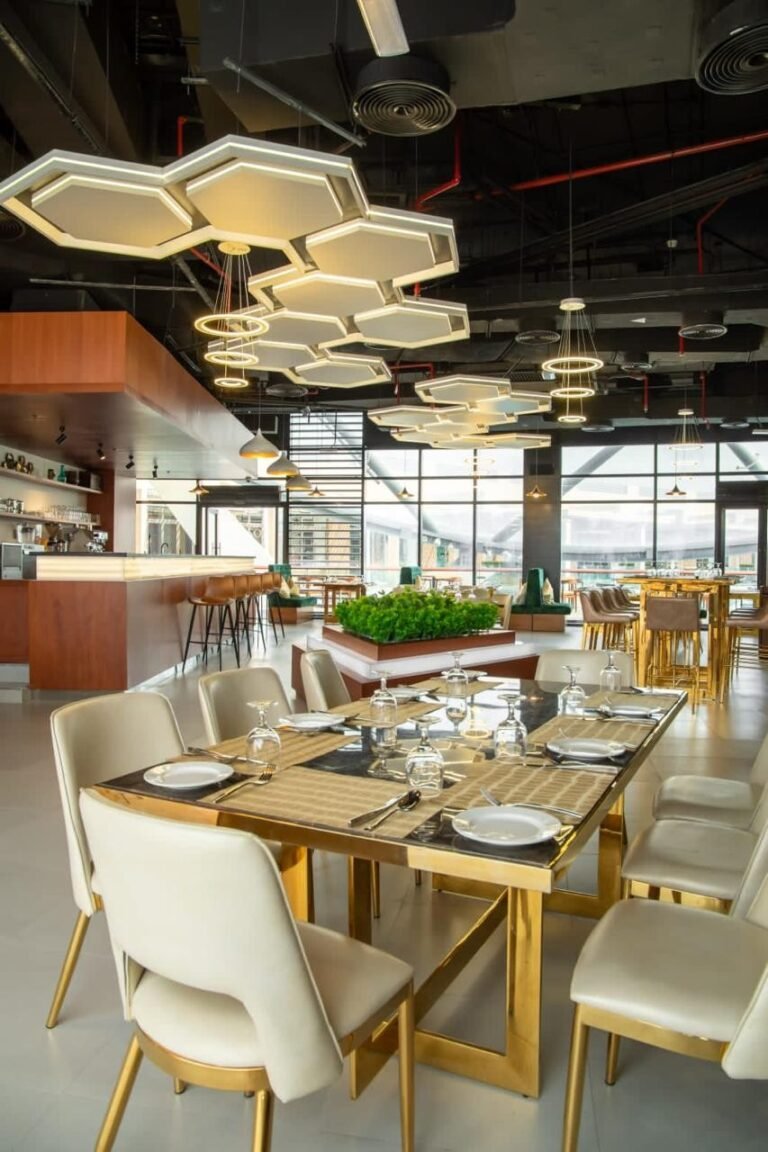 Dining area with feature ceiling – Pepper Mill Restaurant – Yas Mall, Abu Dhabi