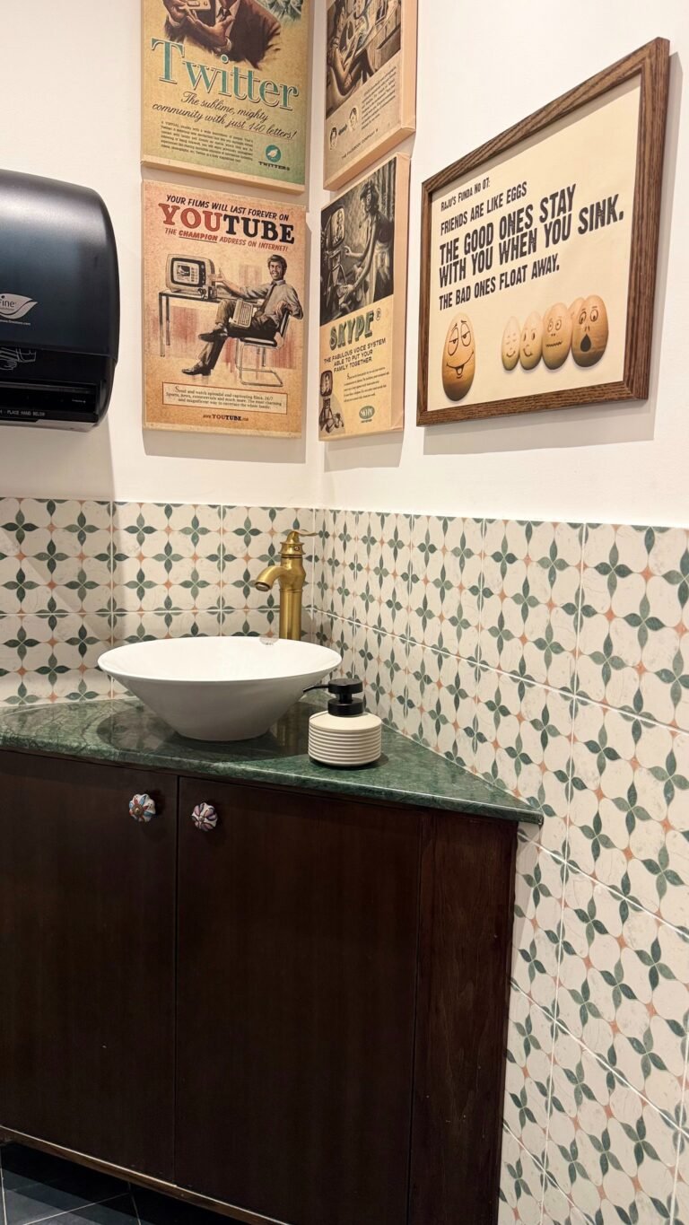 Washroom with patterned tiles – Raju Omlet Restaurant
