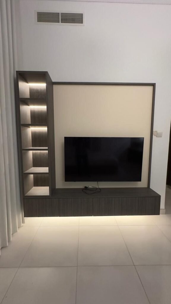 TV wall with lit shelving – Villa Joinery – Sharjah